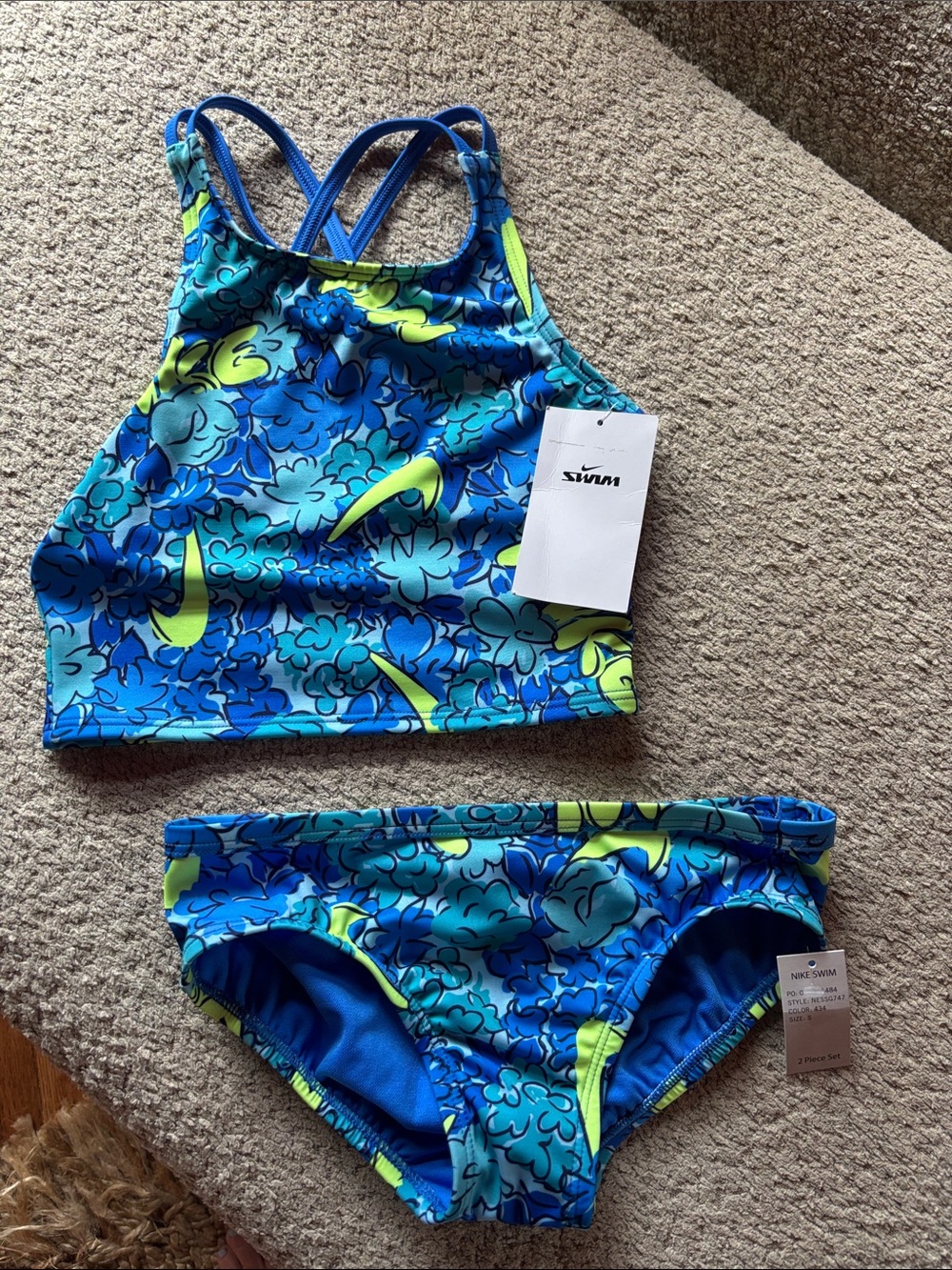 Nike Blue & Lime Floral Girls Two-Piece Swim Set